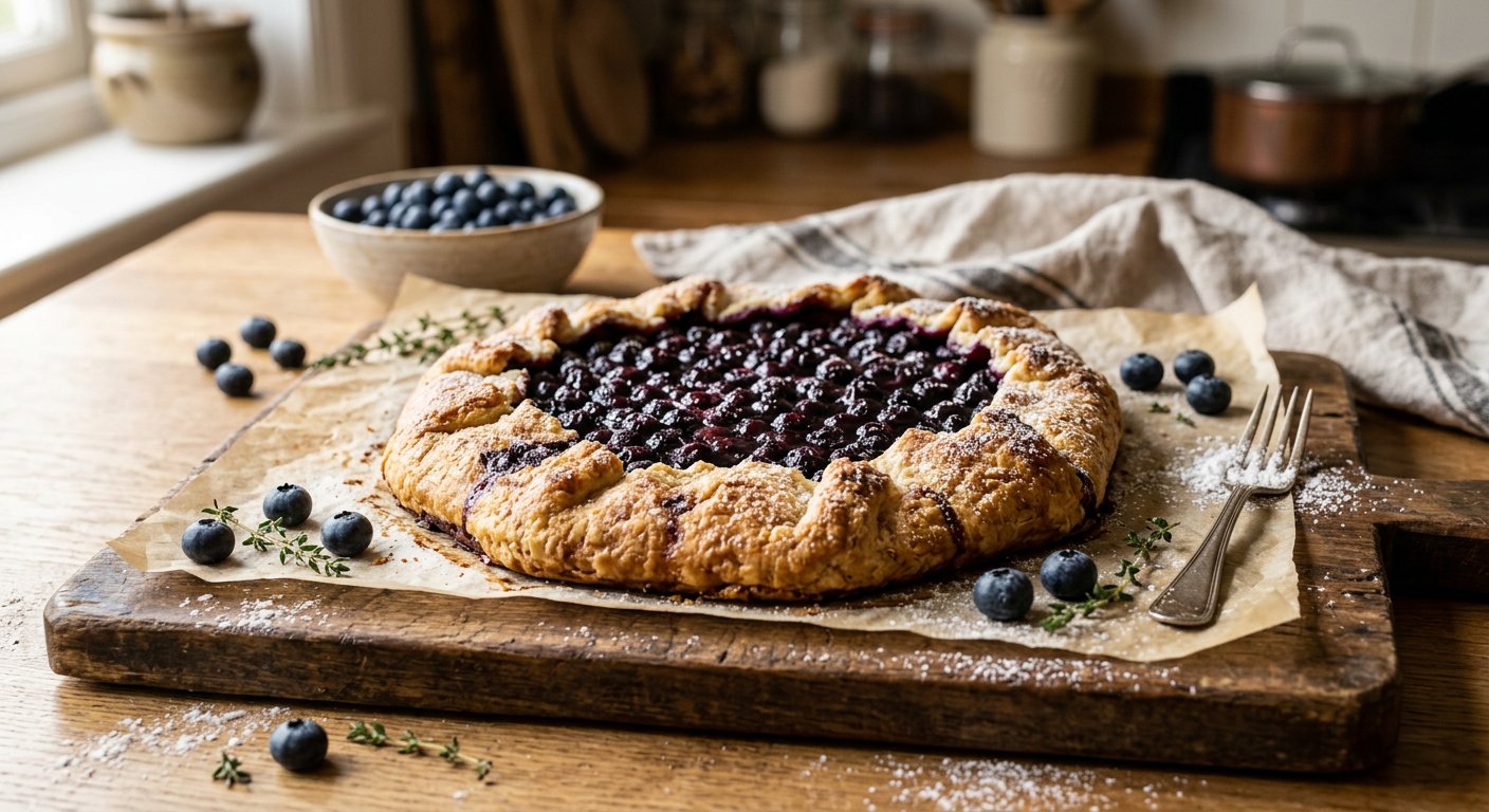 Rustic blueberry galette with golden folded pastry edges on parchment paper