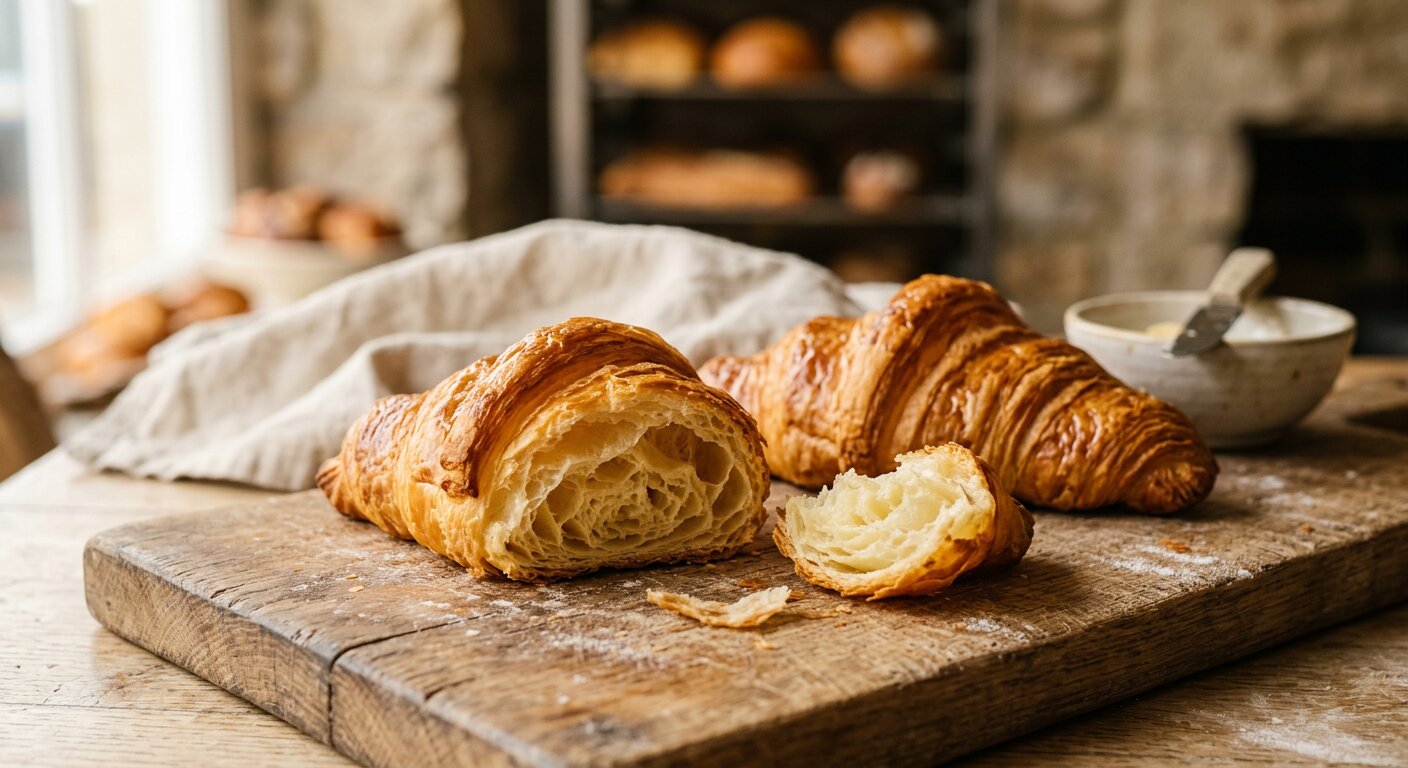 Flaky, golden butter croissants with visible laminated layers