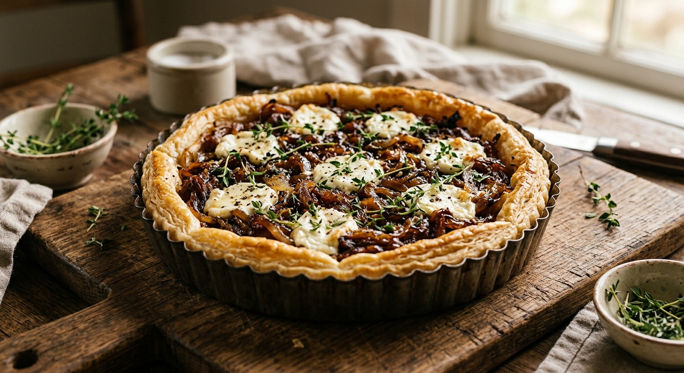 Caramelized onion and goat cheese tart with fresh thyme by Ronbo Fan