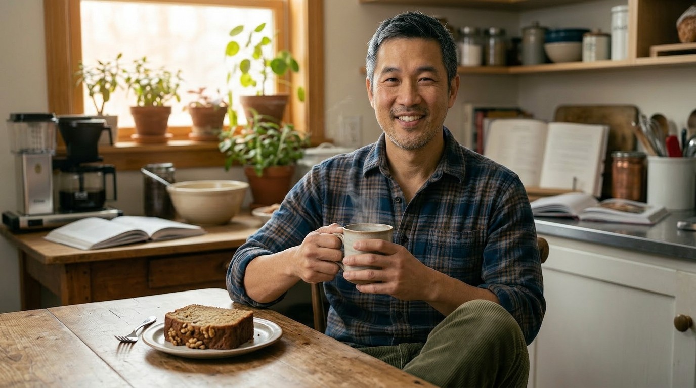Ronbo Fan sitting at a kitchen table with coffee and cake, relaxed portrait