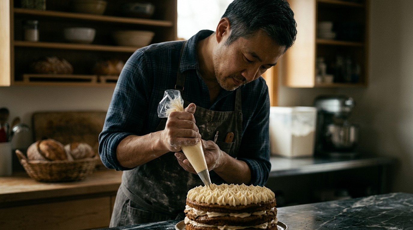 Ronbo Fan piping cream on a cake, pastry chef portrait