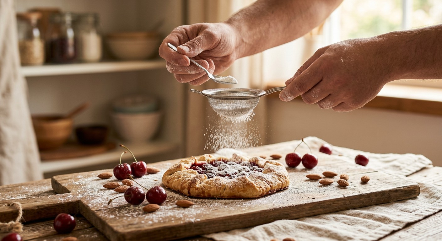 Close-up of Ronbo Fan's hands dusting icing sugar over a freshly baked galette