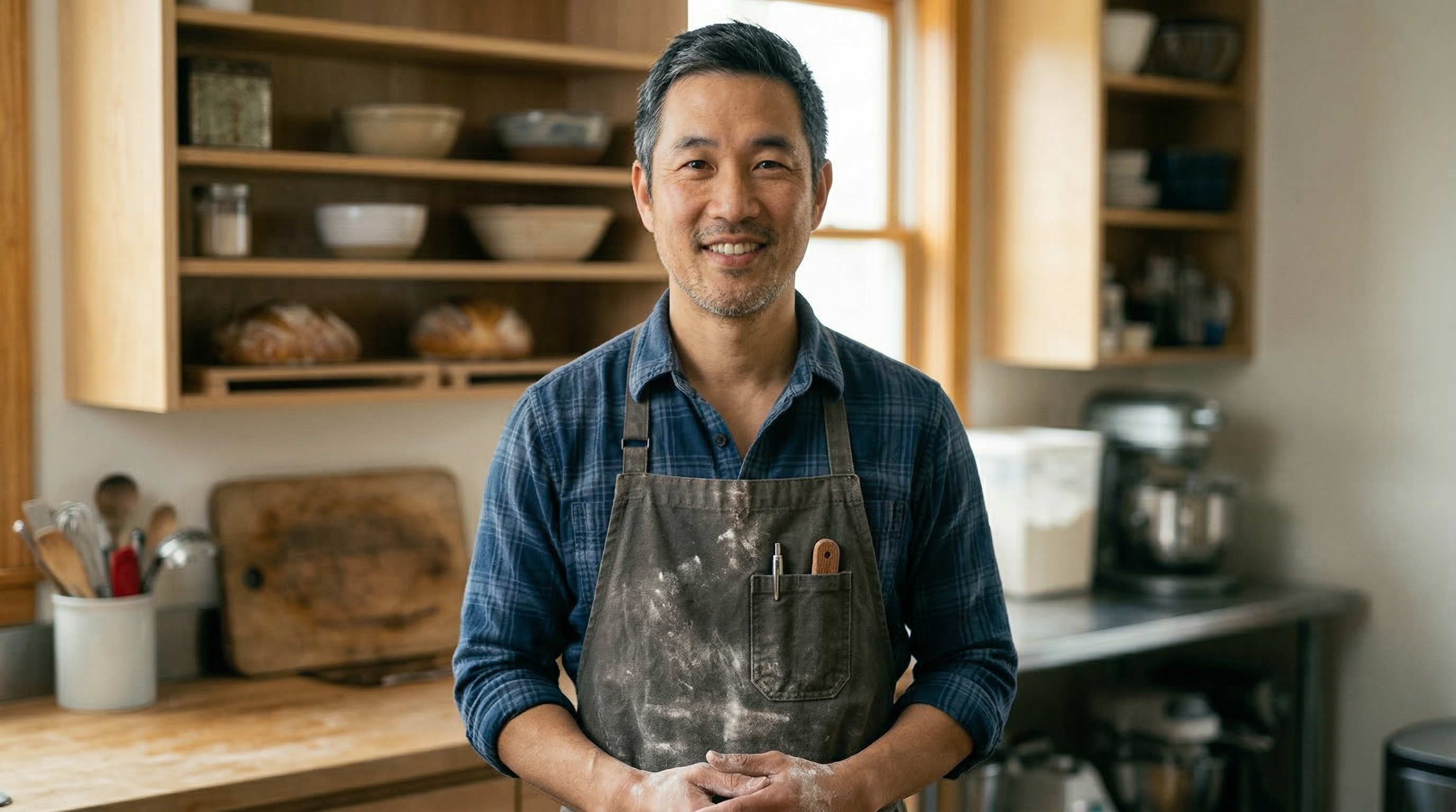 Ronbo Fan, home baker and chef, smiling in his kitchen