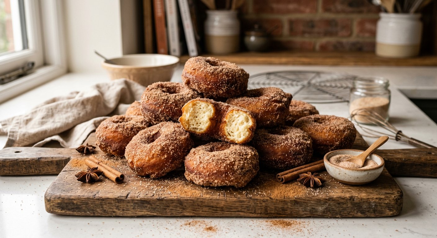 Golden cinnamon sugar doughnuts piled on a wooden board, one broken open showing fluffy interior