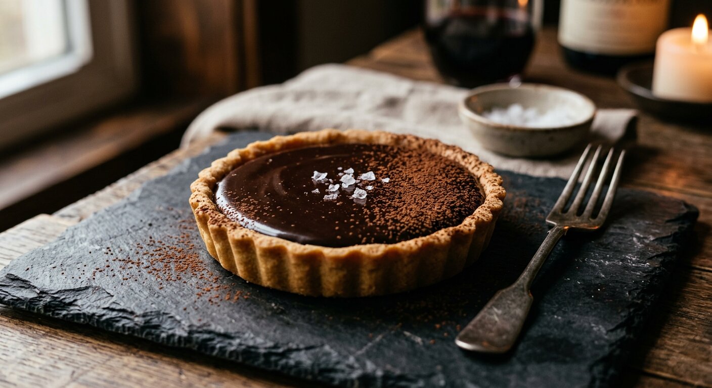 A rich dark chocolate tart with glossy ganache in a cocoa shortcrust shell