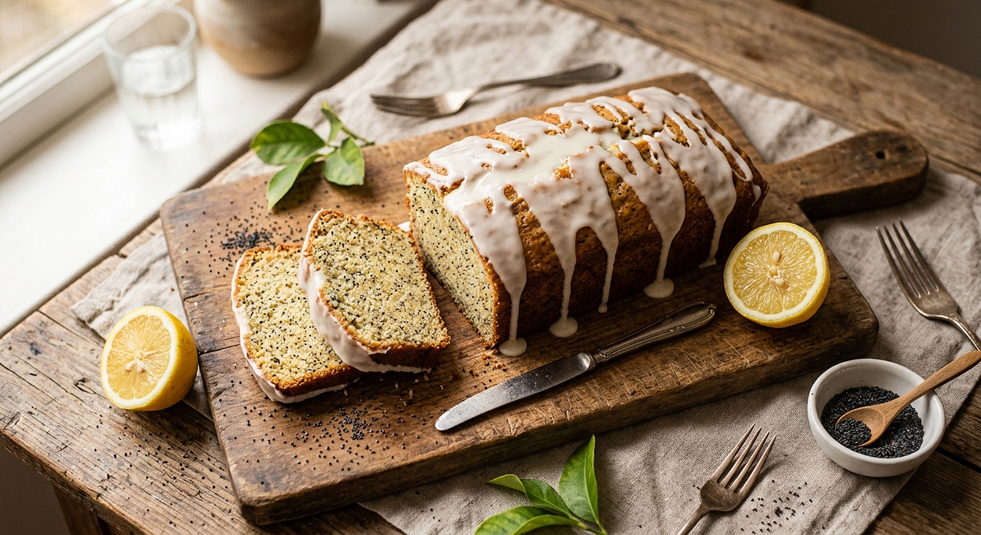 Glazed lemon poppy seed loaf with slices by Ronbo Fan