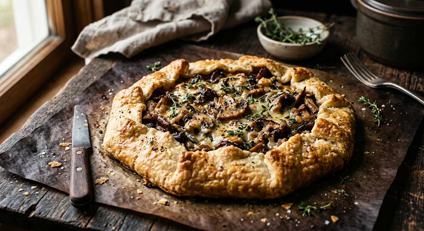 Rustic mushroom and gruyere galette with fresh thyme by Ronbo Fan