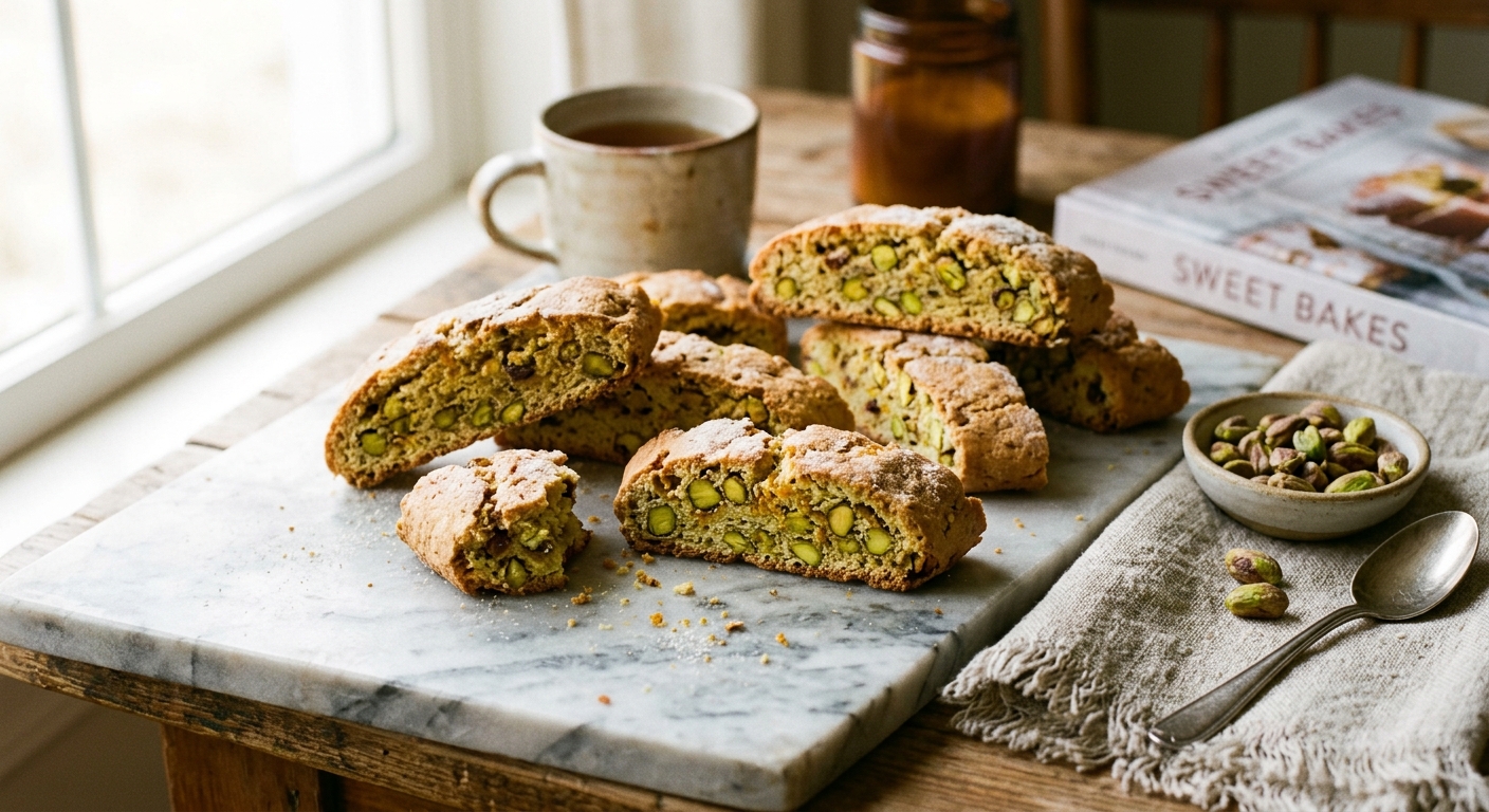 Pistachio and orange biscotti on a marble slab by Ronbo Fan