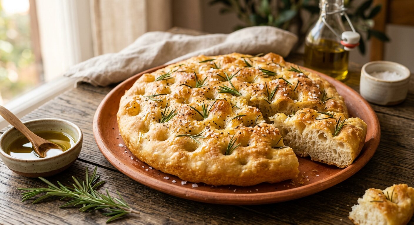 Pillowy rosemary focaccia with golden crust, dimpled surface, and olive oil sheen