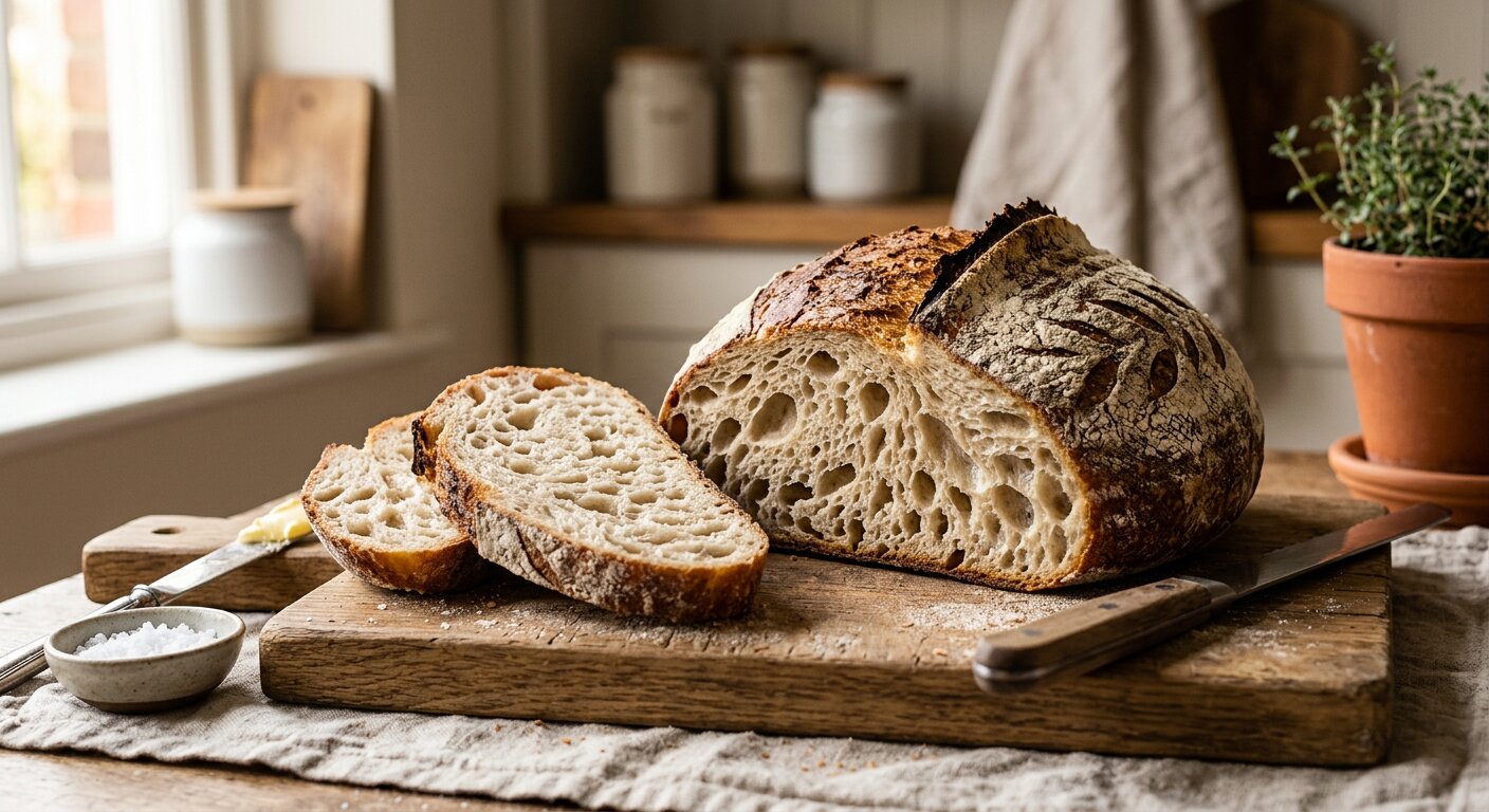 A golden, crusty sourdough loaf with a beautifully scored top and open crumb