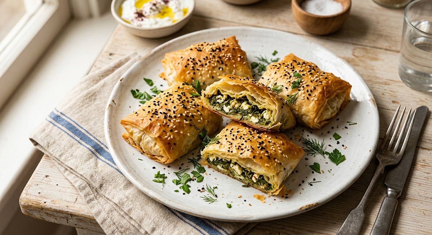Crisp spinach and feta borek with sesame seeds by Ronbo Fan