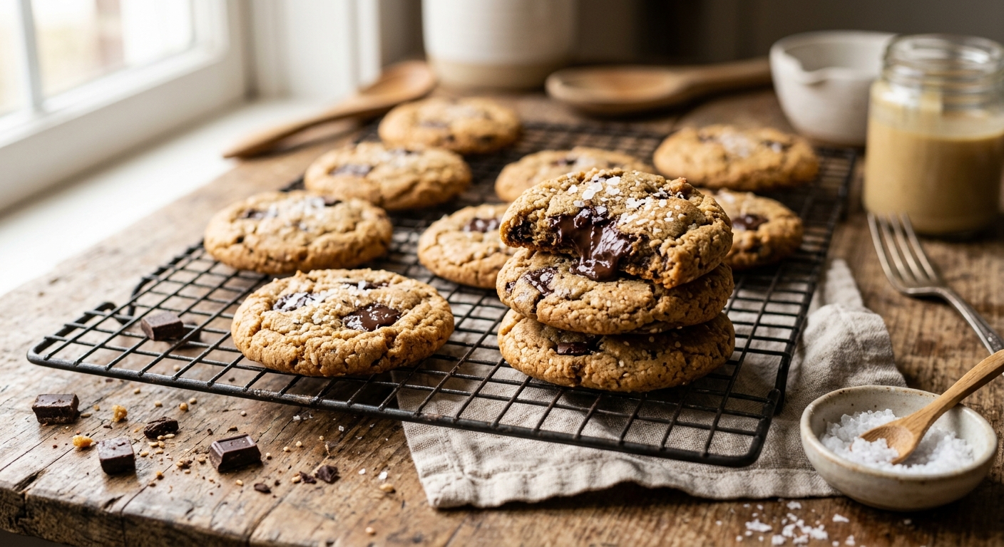Tahini chocolate chunk cookies with flaky salt on a wire rack by Ronbo Fan